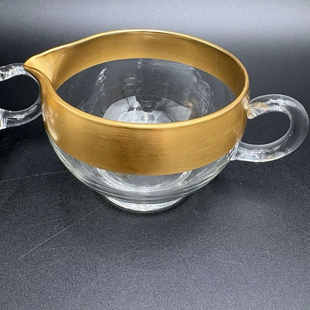 Vtg Dorothy Thorpe Glass Sugar Creamer Set Gold Band 60s MCM Retro
